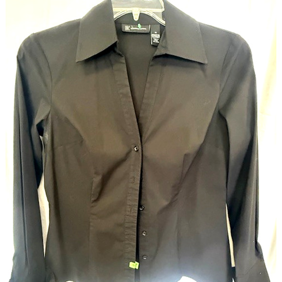 INC Black Long Sleeve Fitted Stretch Button Up Shirt French Cuffs Blouse sz 10 - Picture 1 of 8